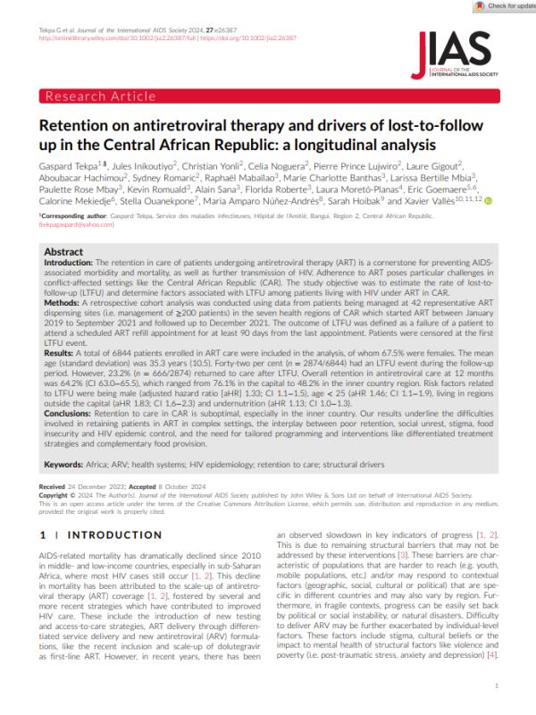 JIAS retention on ART and drivers of LTFU in CAR